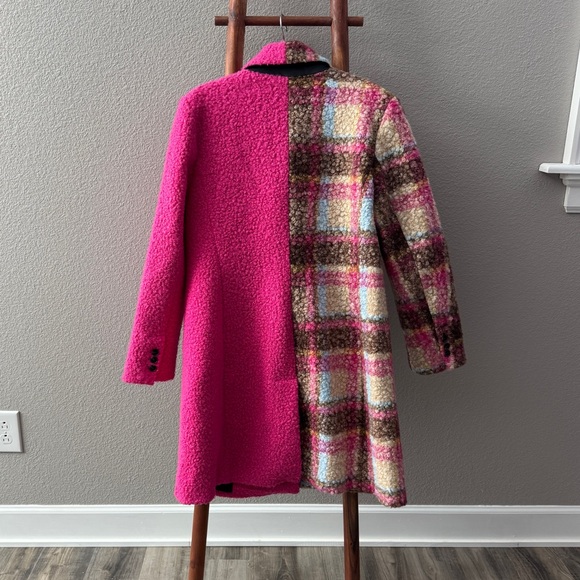 NVLT Boucle Anthropologie Pink Colorblock Teddy Longline Plaid Coat Large - Picture 9 of 14